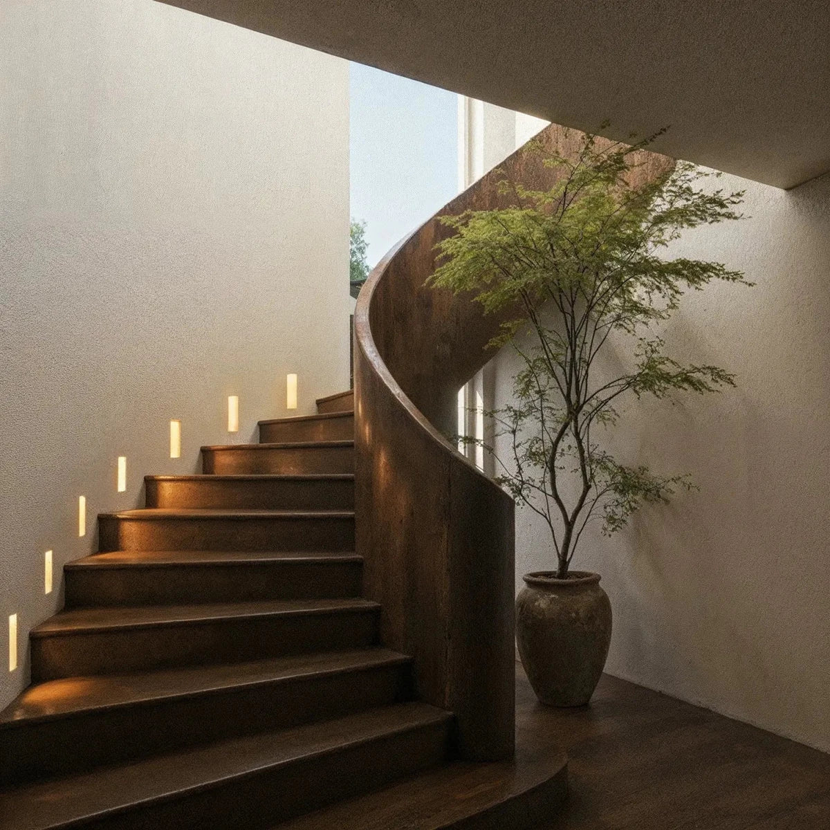 Escalier hélicoïdal éclairé par des appliques murales LED encastrées, lumière naturelle