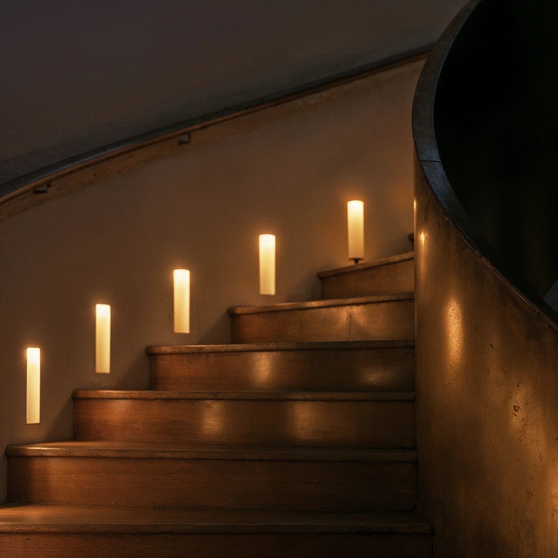 Escalier en bois éclairé par des appliques murales LED de balisage encastrées