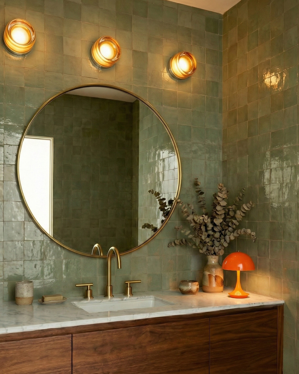 Applique murale en verre ambre eclairant une salle de bain