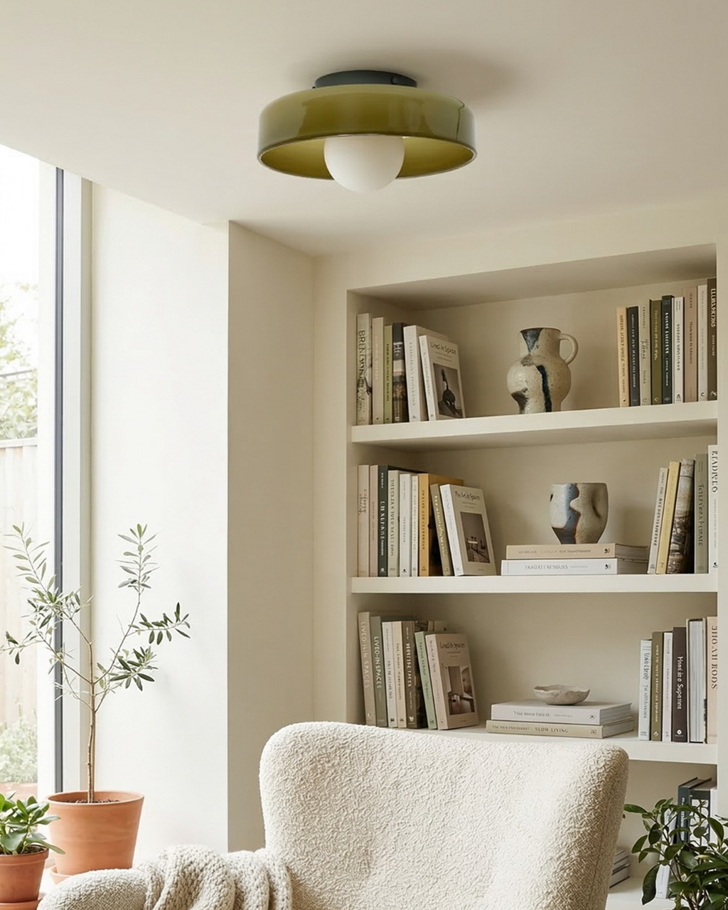 Applique en verre kaki montée au plafond d'un salon avec bibliothèque