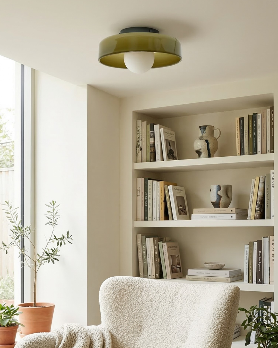 Applique en verre kaki montée au plafond d'un salon avec bibliothèque
