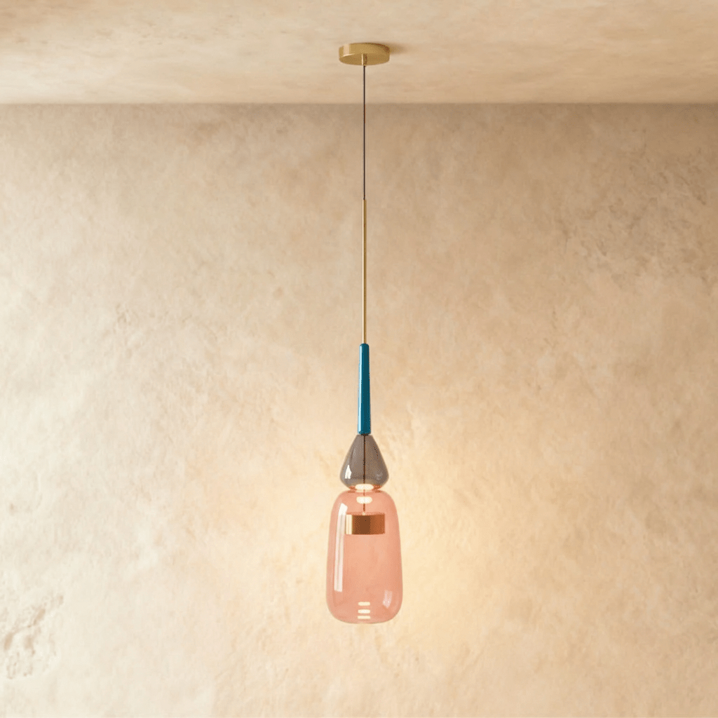 Suspension verre vitrail rose et bleu, modèle B allongé