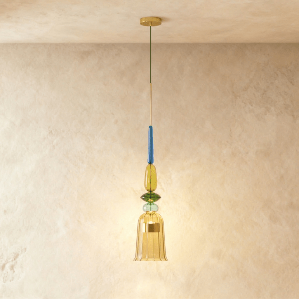 Suspension verre vitrail ambre cannelé, modèle F en forme de corolle