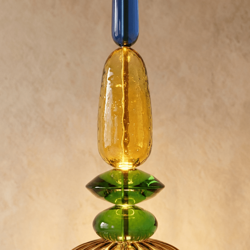 Détail du verre soufflé ambre et vert de la suspension vitrail