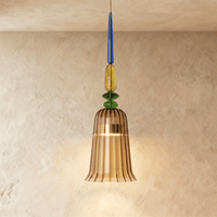 Détail de l'abat-jour cannelé ambre de la suspension verre