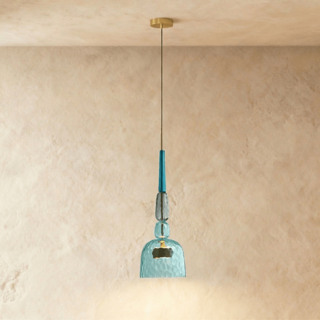 Suspension verre vitrail bleu, modèle E avec tige colorée