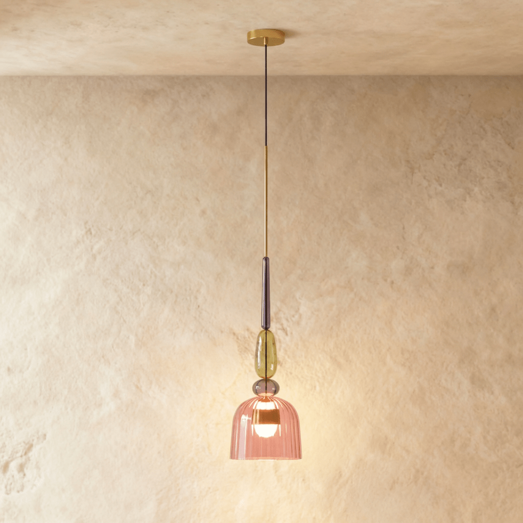 Suspension verre vitrail rose, modèle C en forme de cloche