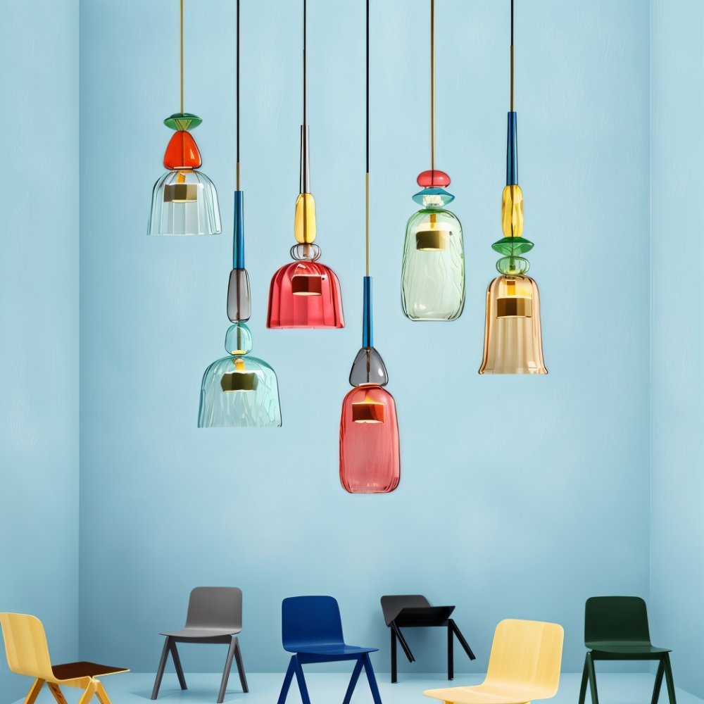 Ensemble de suspensions verre vitrail colorées dans une pièce bleue