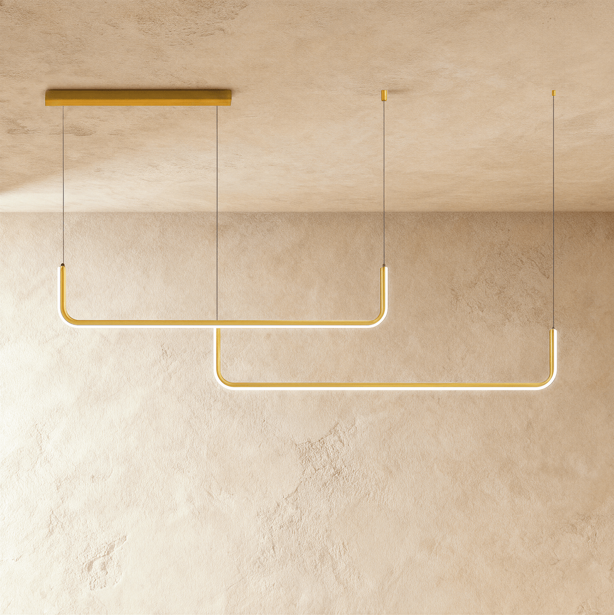Lustre design linéaire finition dorée, modèle double décalé