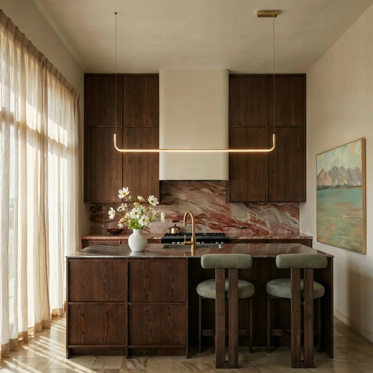 Lustre design suspendu au-dessus d'un îlot central de cuisine moderne Image
