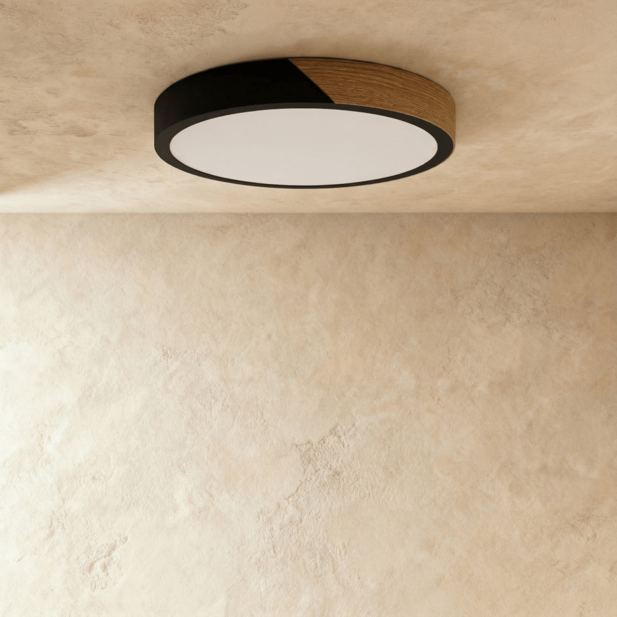 Plafonnier LED rond noir et bois avec diffuseur éteint