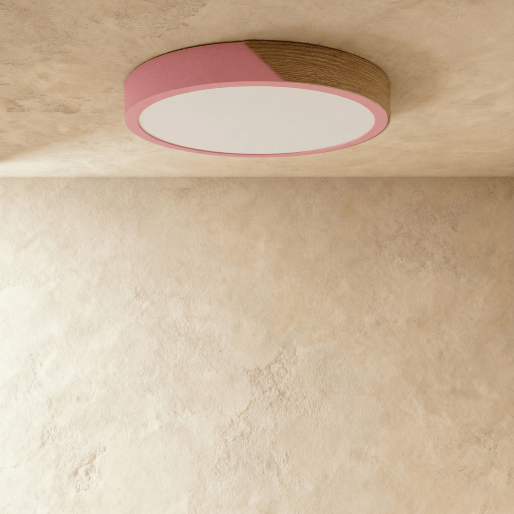 Plafonnier LED rond rose et bois avec diffuseur éteint