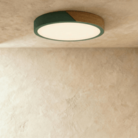 Plafonnier LED design coloré rond vert et bois allumé