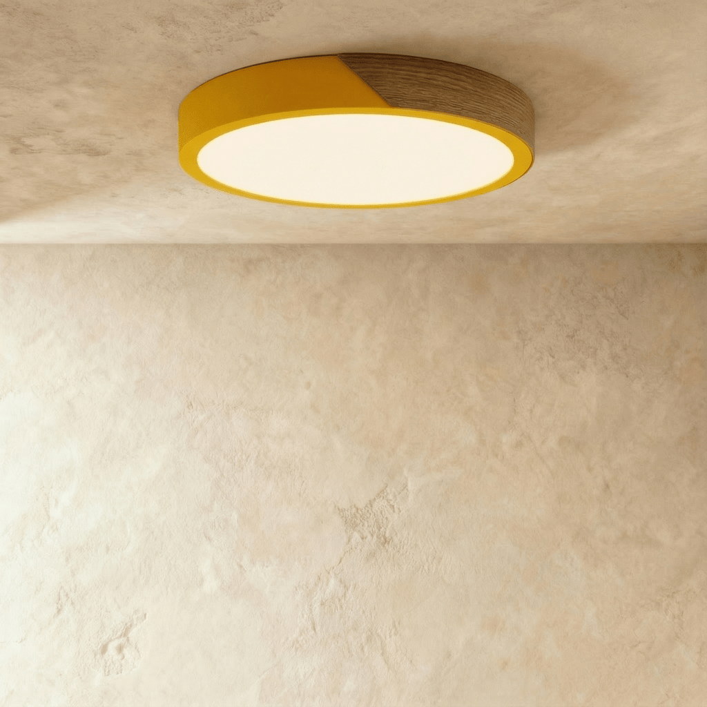 Plafonnier LED design coloré rond jaune et bois allumé