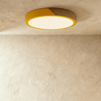 Plafonnier LED design coloré rond jaune et bois allumé