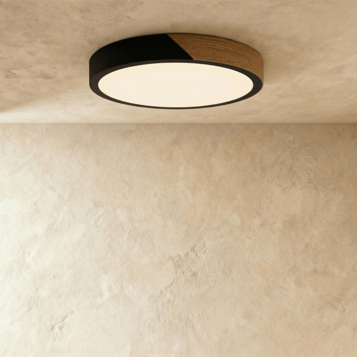 Plafonnier LED design coloré rond noir et bois au plafond avec lumière chaude