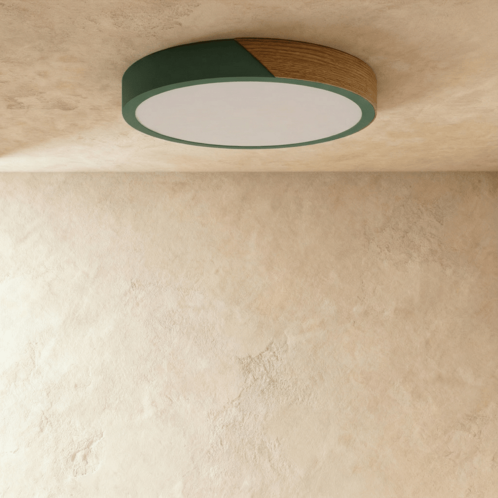 Plafonnier LED rond vert et bois avec diffuseur éteint
