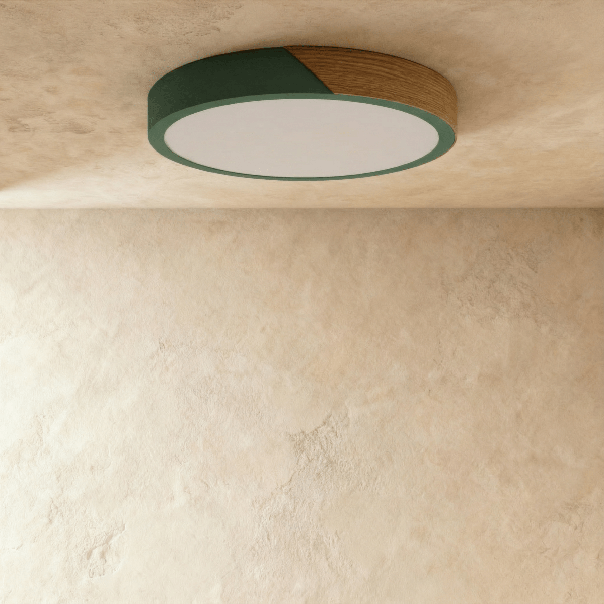 Plafonnier LED rond vert et bois avec diffuseur éteint
