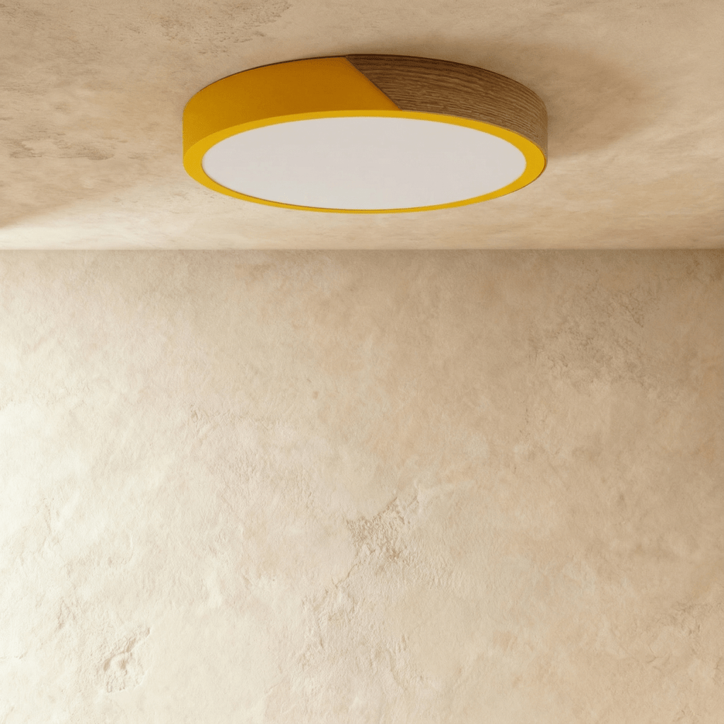 Plafonnier LED rond jaune et bois avec diffuseur éteint