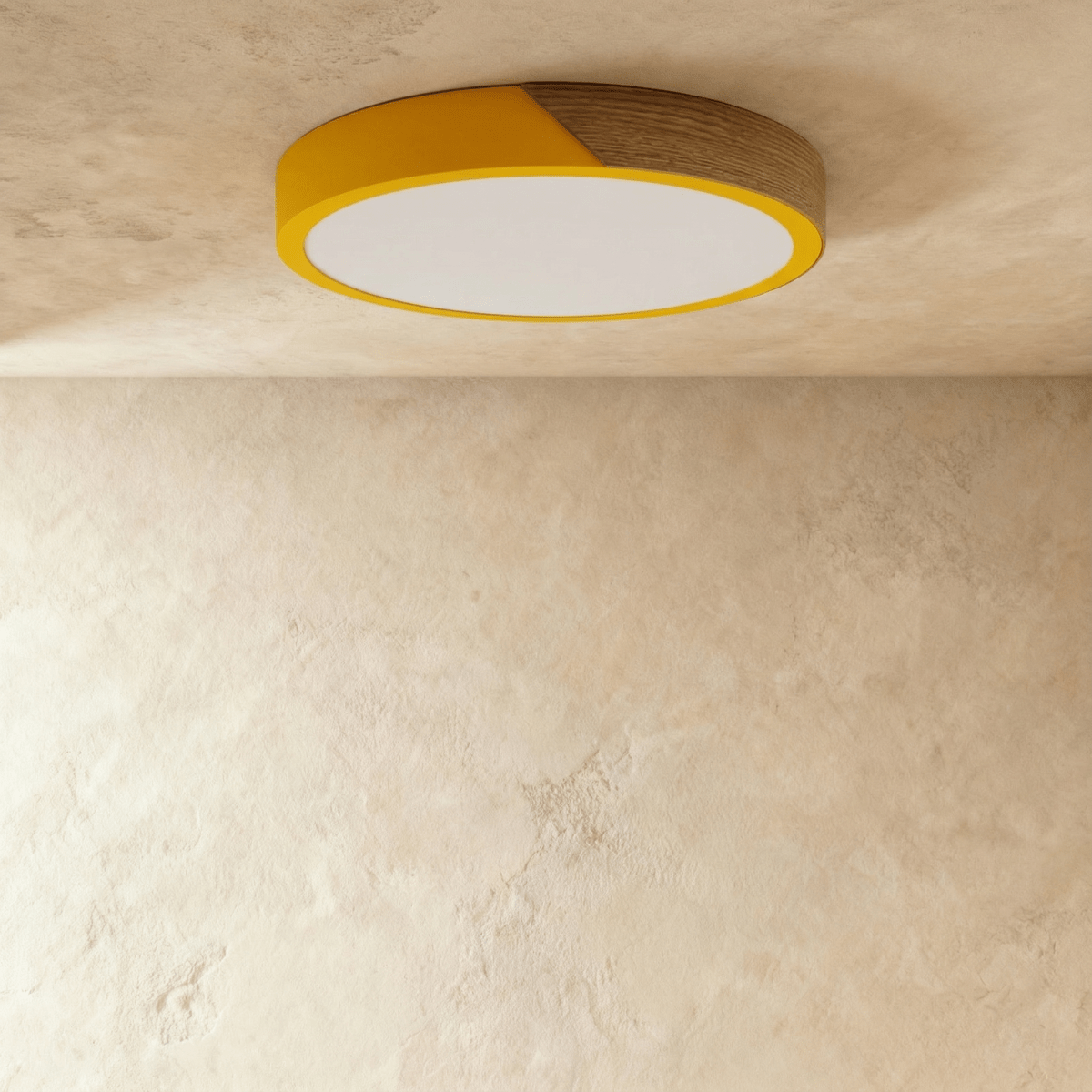 Plafonnier LED rond jaune et bois avec diffuseur éteint