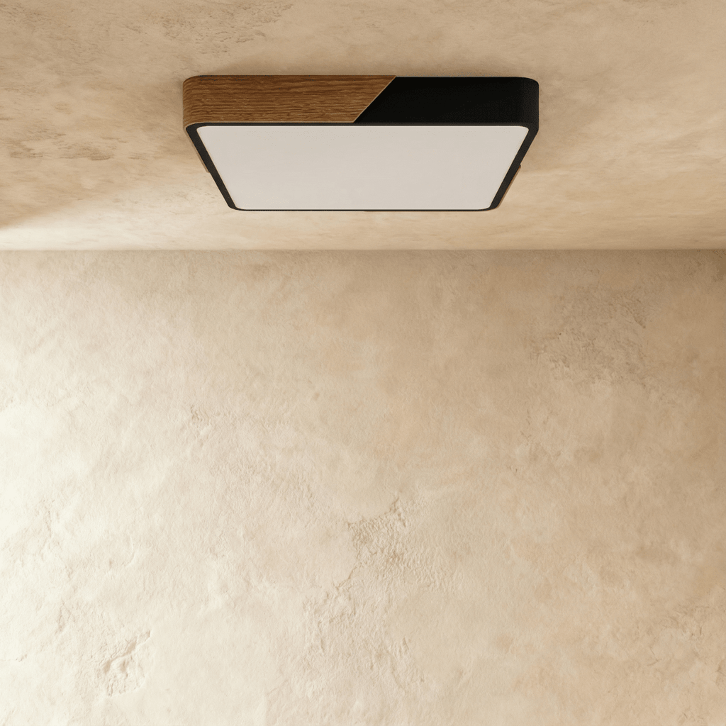 Plafonnier LED carré noir et bois avec diffuseur éteint