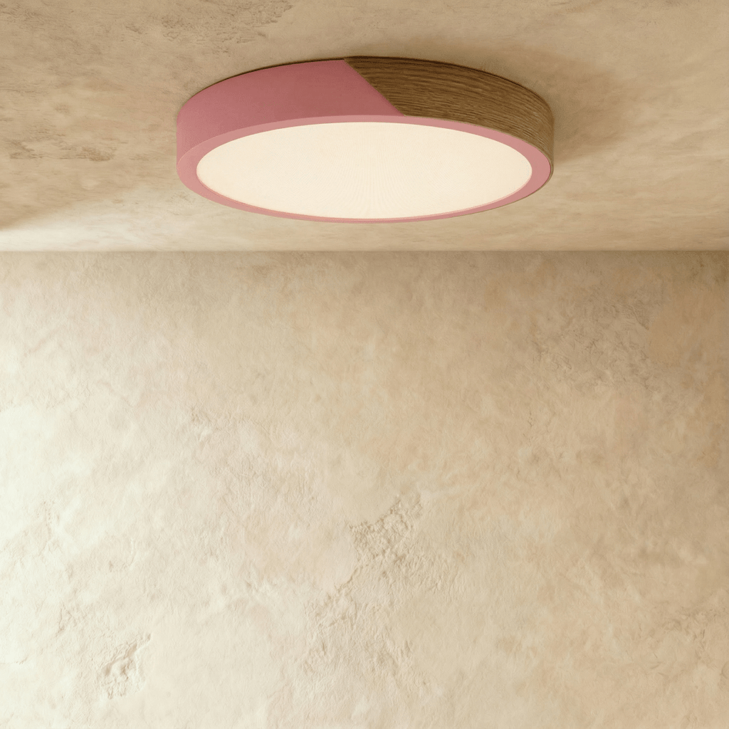 Plafonnier LED design coloré rond rose et bois allumé
