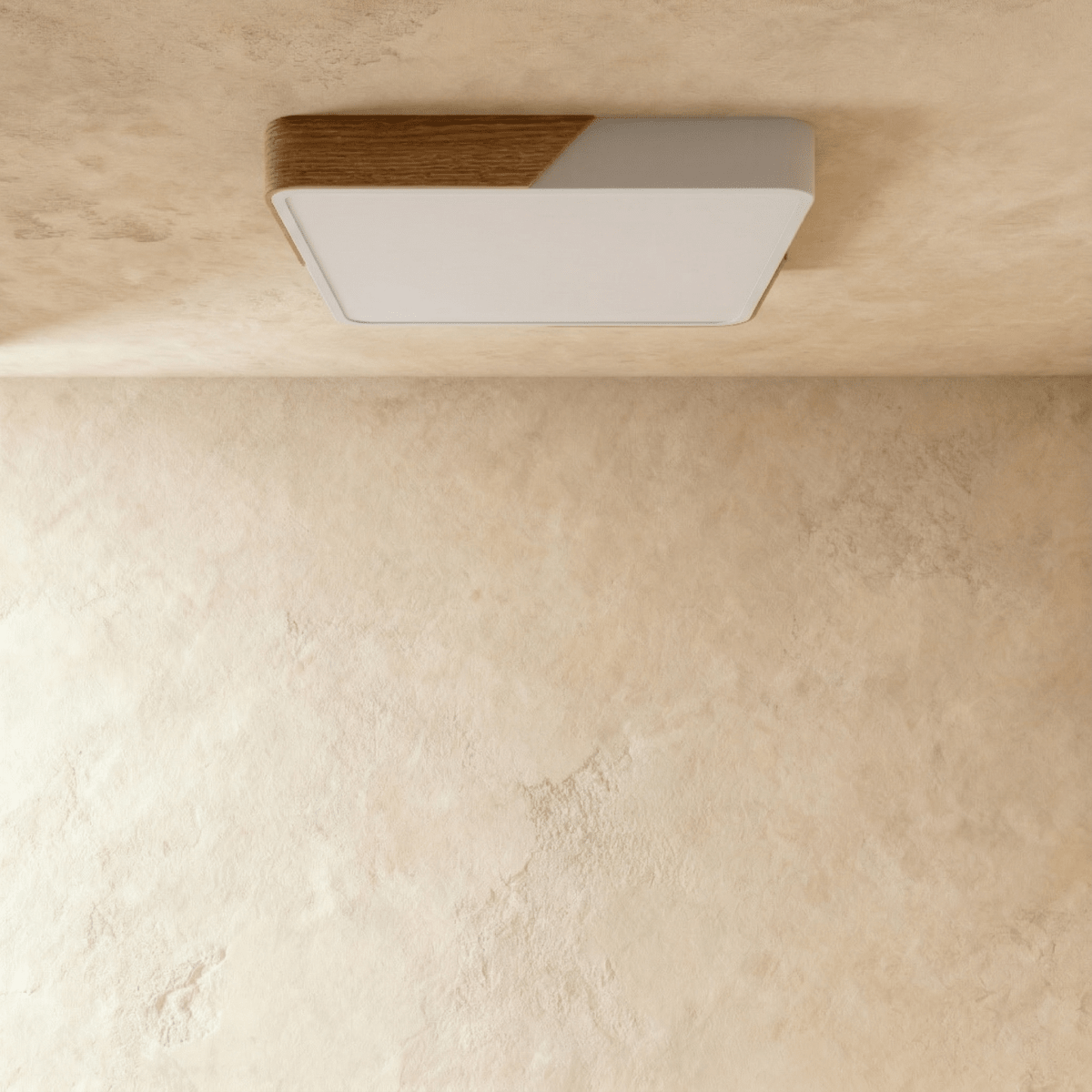Plafonnier LED carré blanc et bois avec diffuseur éteint