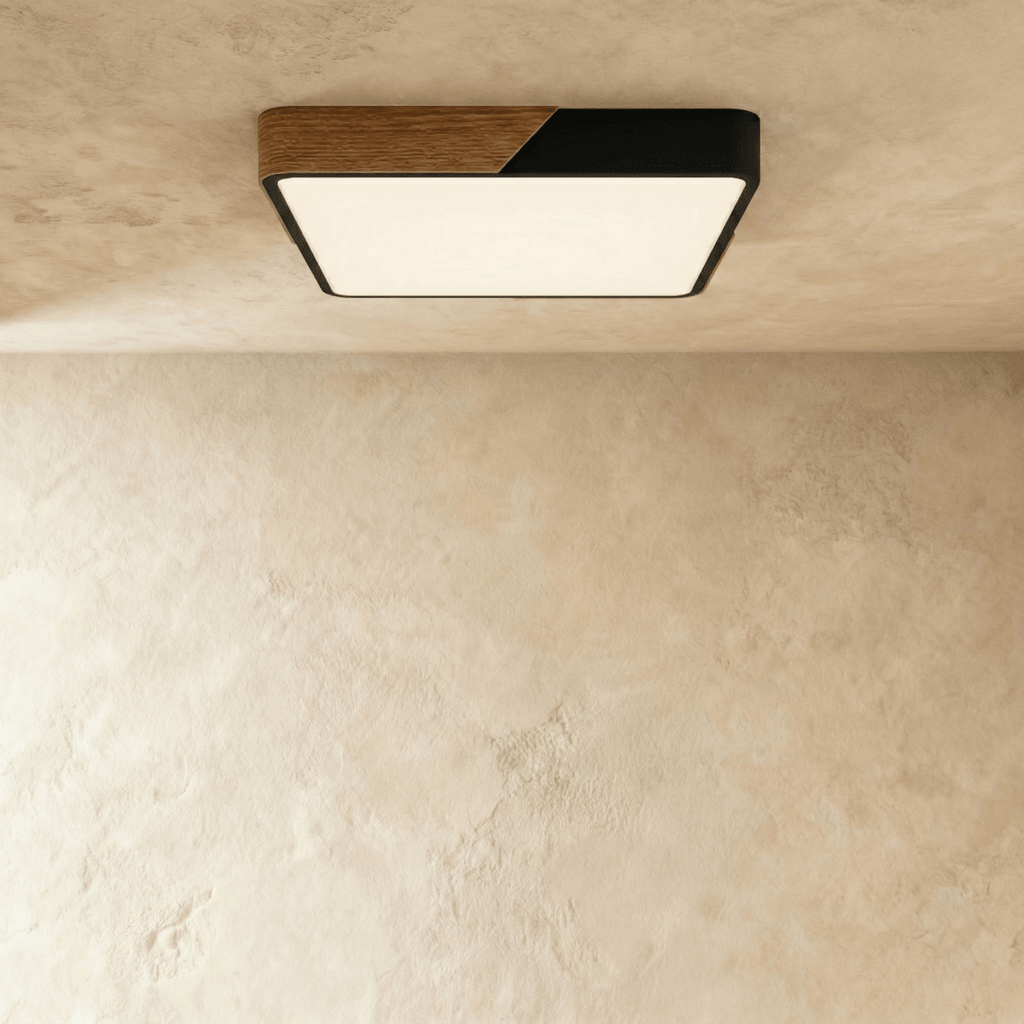 Plafonnier LED design coloré carré noir et bois allumé
