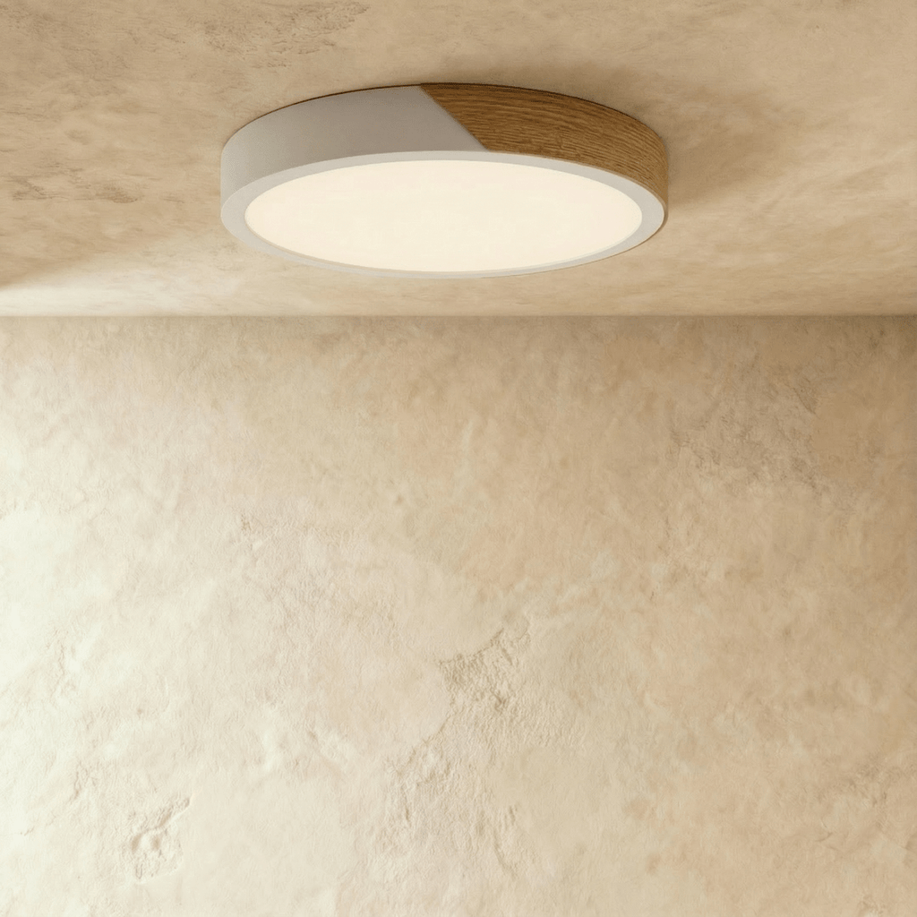 Plafonnier LED design coloré rond blanc et bois allumé