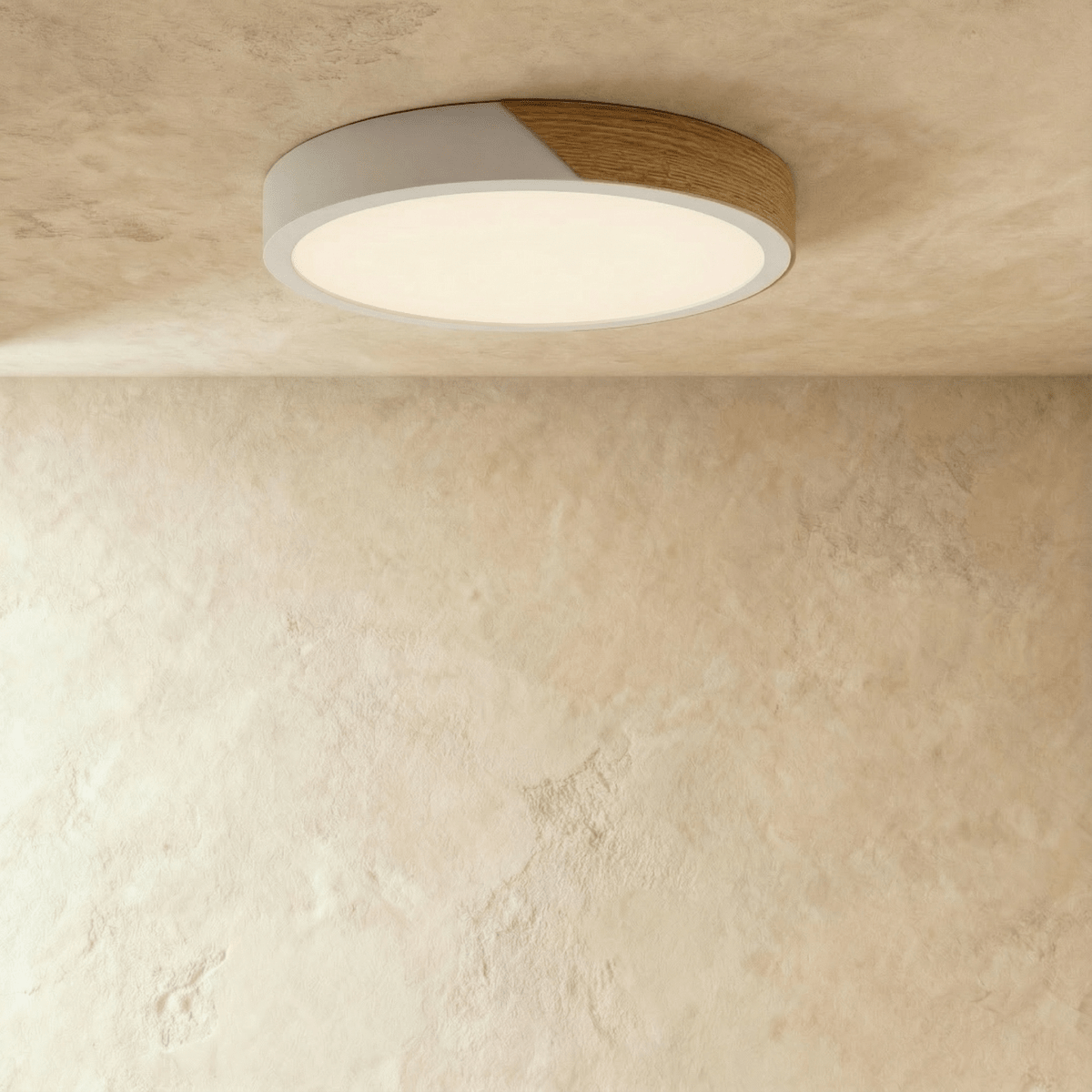 Plafonnier LED design coloré rond blanc et bois allumé