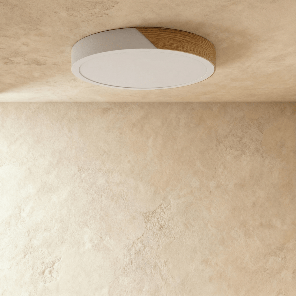 Plafonnier LED rond blanc et bois avec diffuseur éteint