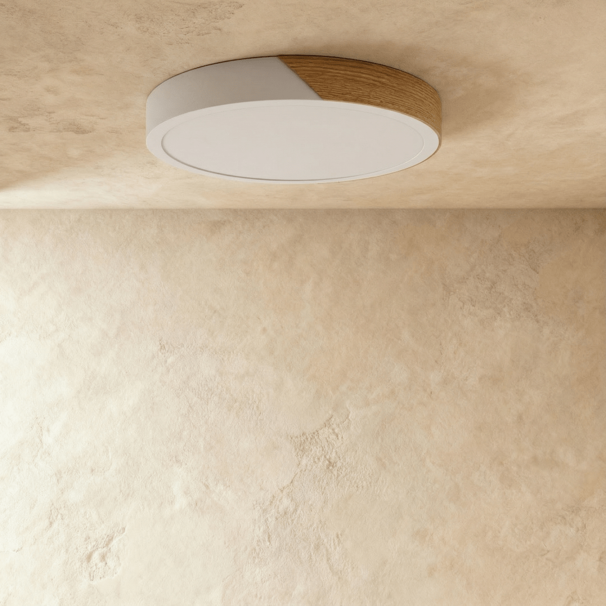 Plafonnier LED rond blanc et bois avec diffuseur éteint
