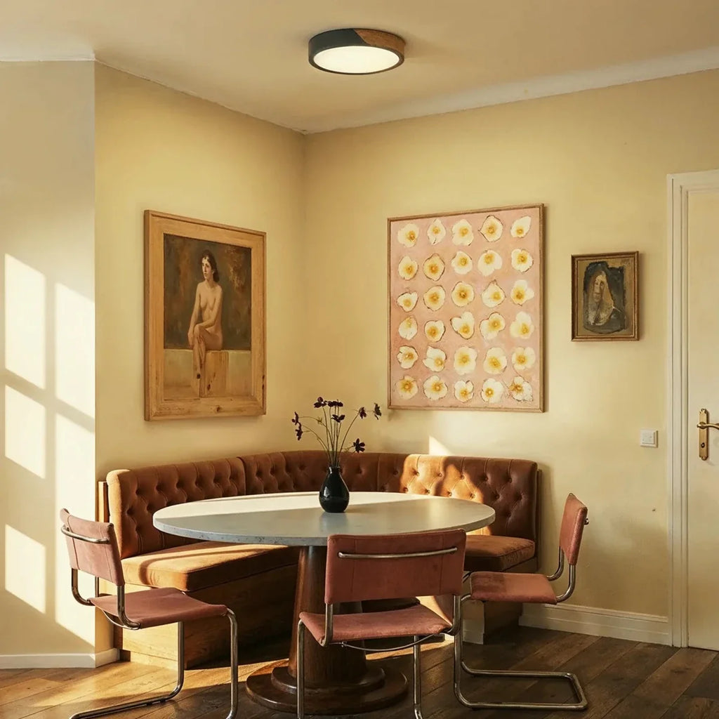 Plafonnier LED noir et bois au dessus d'un coin repas rétro