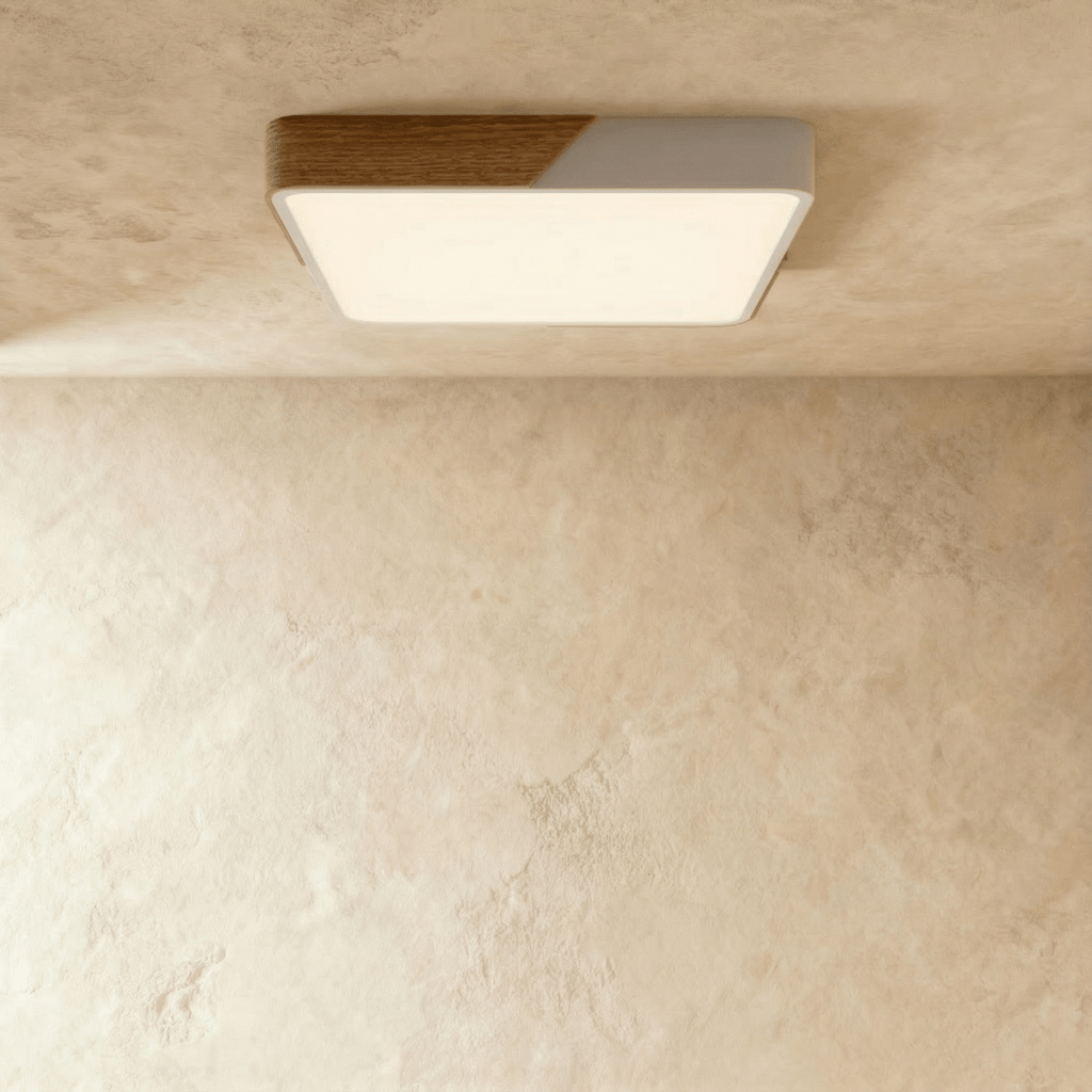 Plafonnier LED design coloré carré blanc et bois allumé