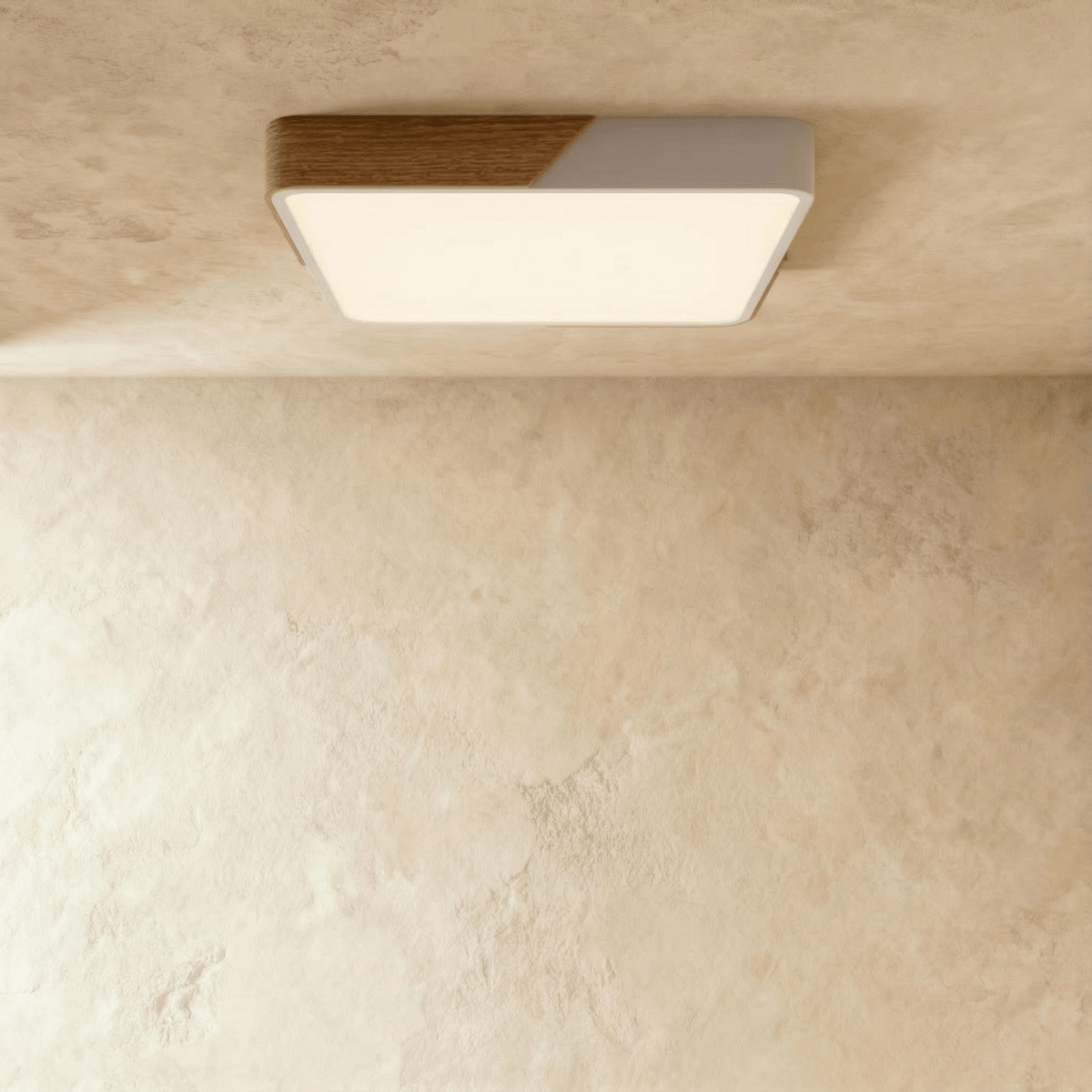 Plafonnier LED design coloré carré blanc et bois allumé