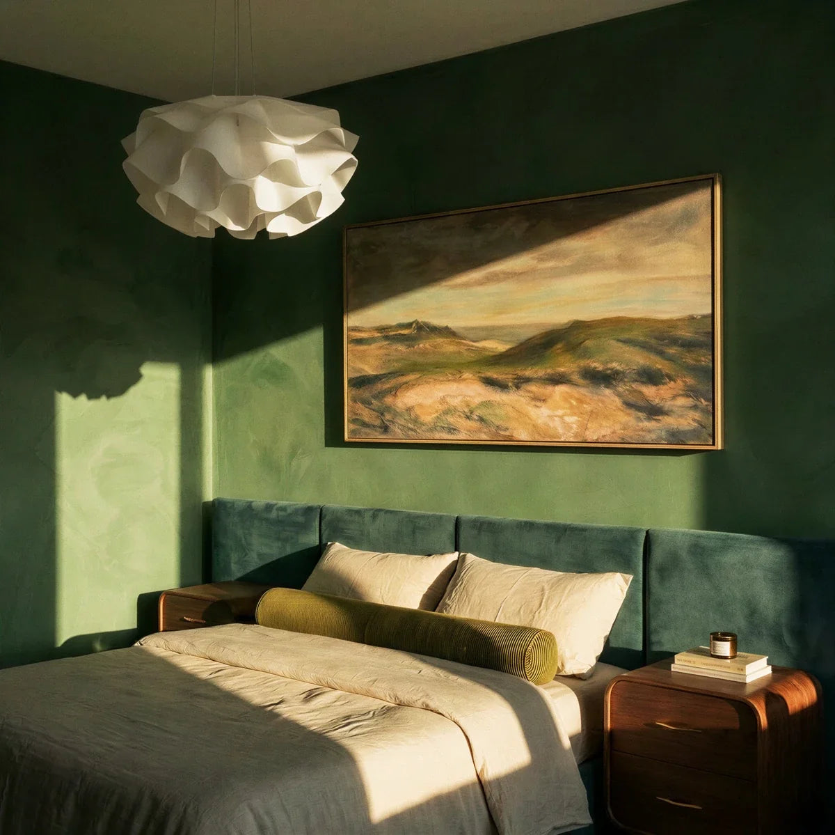 Lustre design fleur blanc dans une chambre verte avec lit en velours