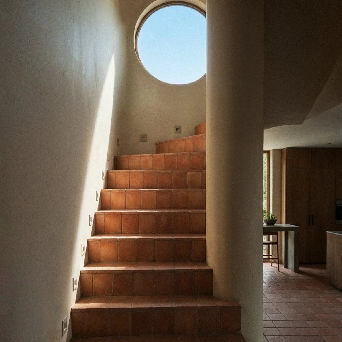 Escalier baigné de lumière naturelle équipé de spots encastrés discrets