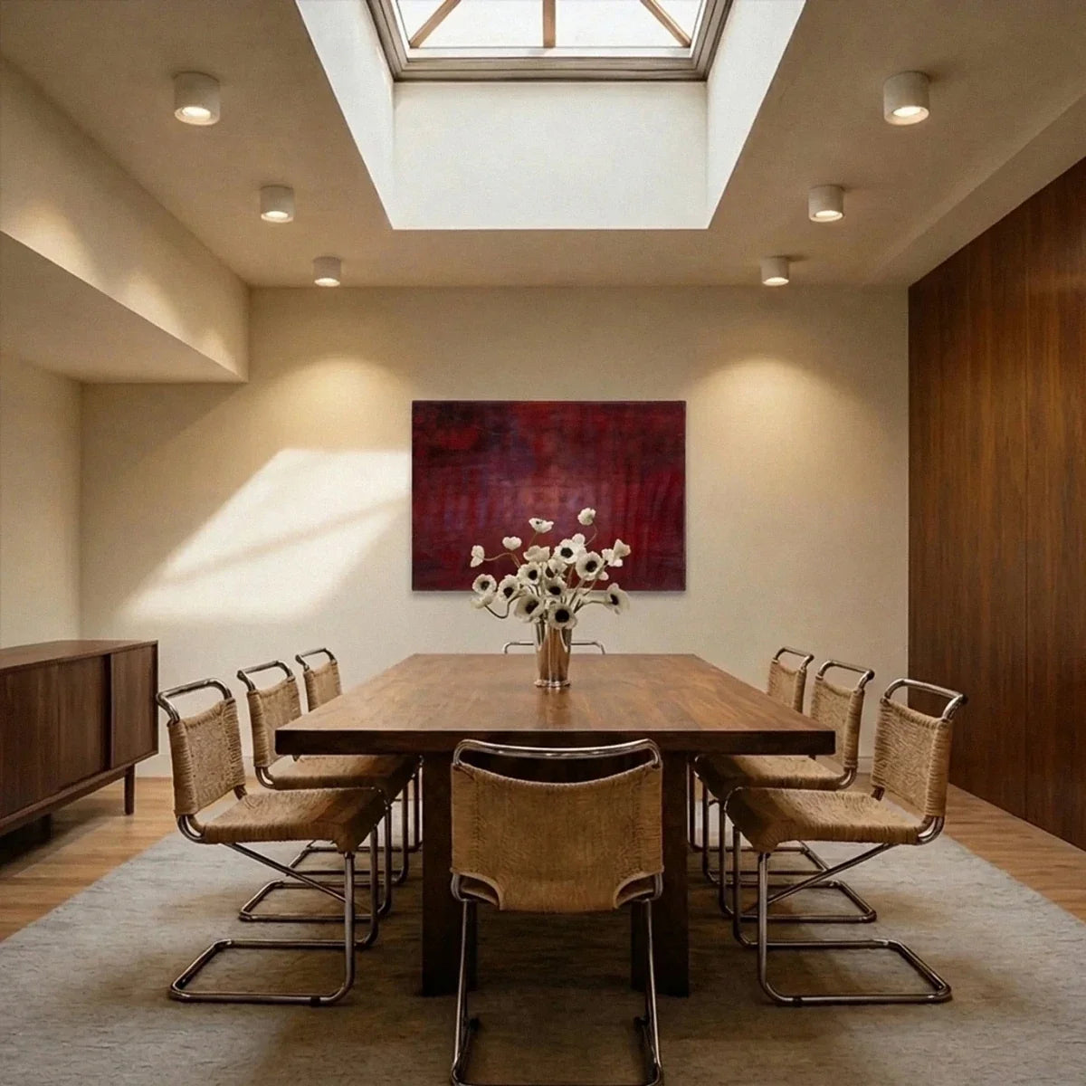 Spots LED orientables au plafond d'une salle à manger avec puits de lumière Image
