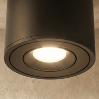 Vue rapprochée du spot LED orientable noir, tête rotative inclinée