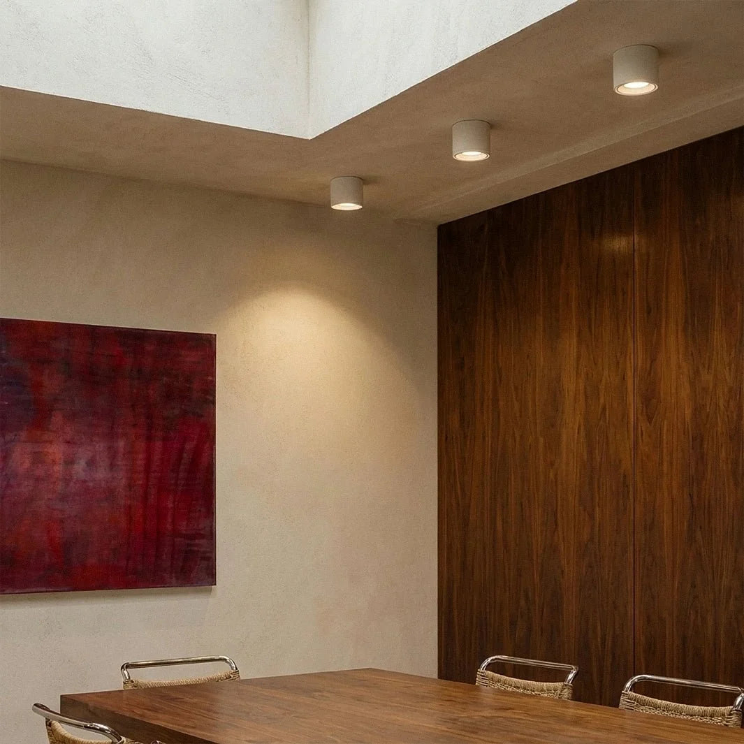 Spots LED orientables en aluminium éclairant un mur en bois et une toile rouge