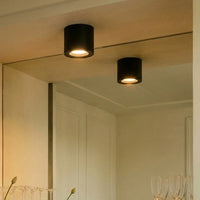 Spots LED orientables noirs reflétés dans un miroir de salon