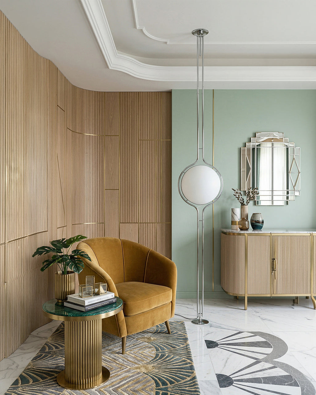 Lampadaire boule tension sol plafond dans un couloir clair