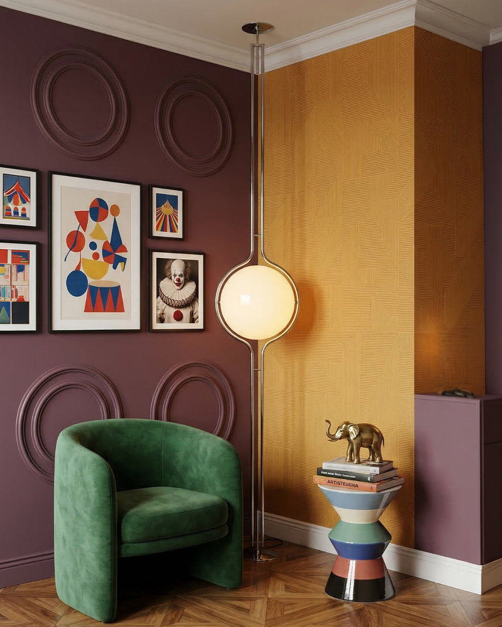 Lampadaire boule en chrome dans un salon aux murs prune