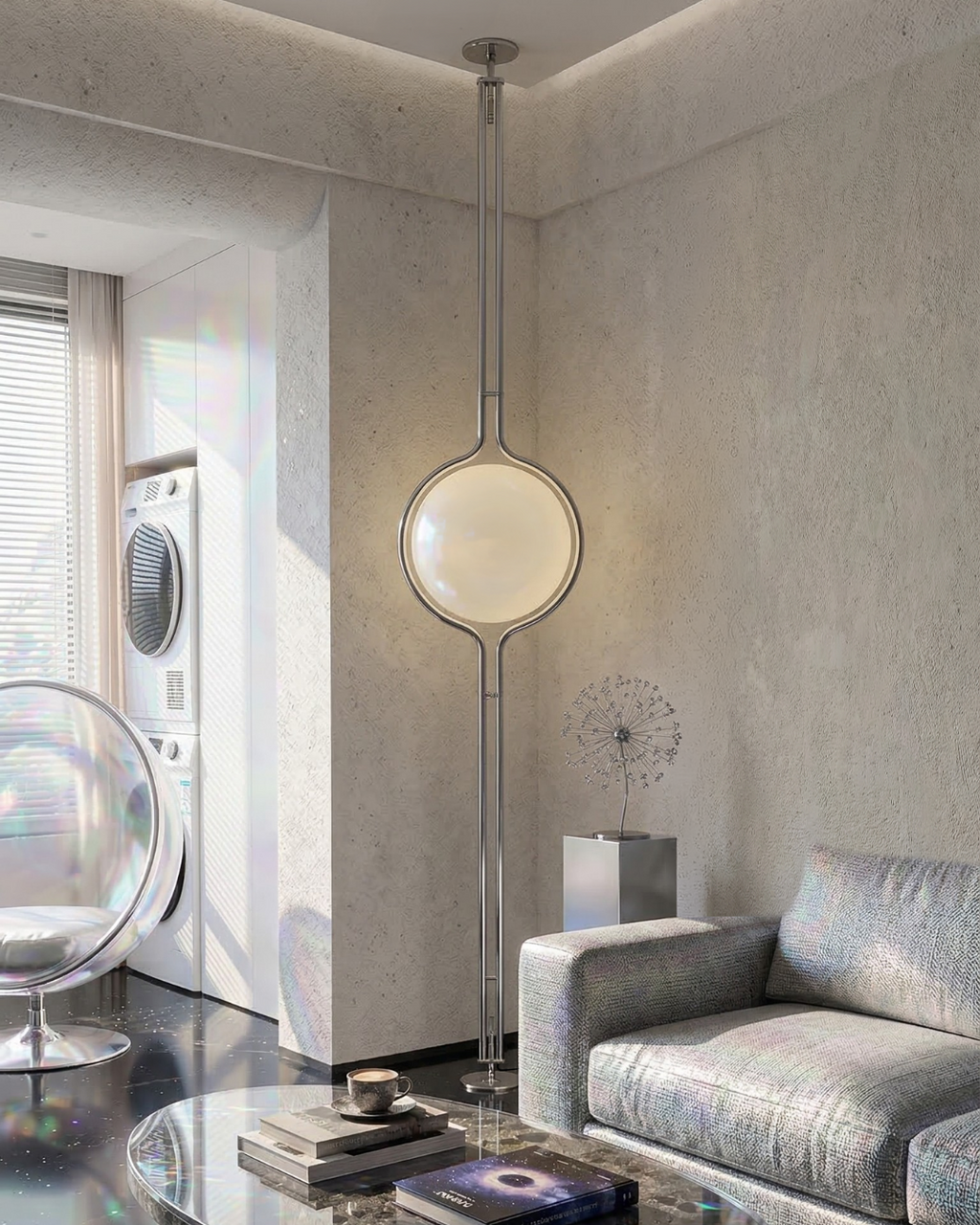 Lampadaire boule en chrome dans un séjour contemporain