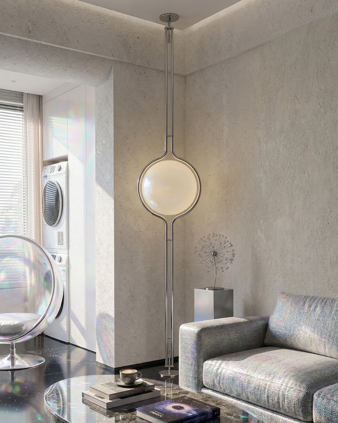 Lampadaire boule en chrome dans un séjour contemporain