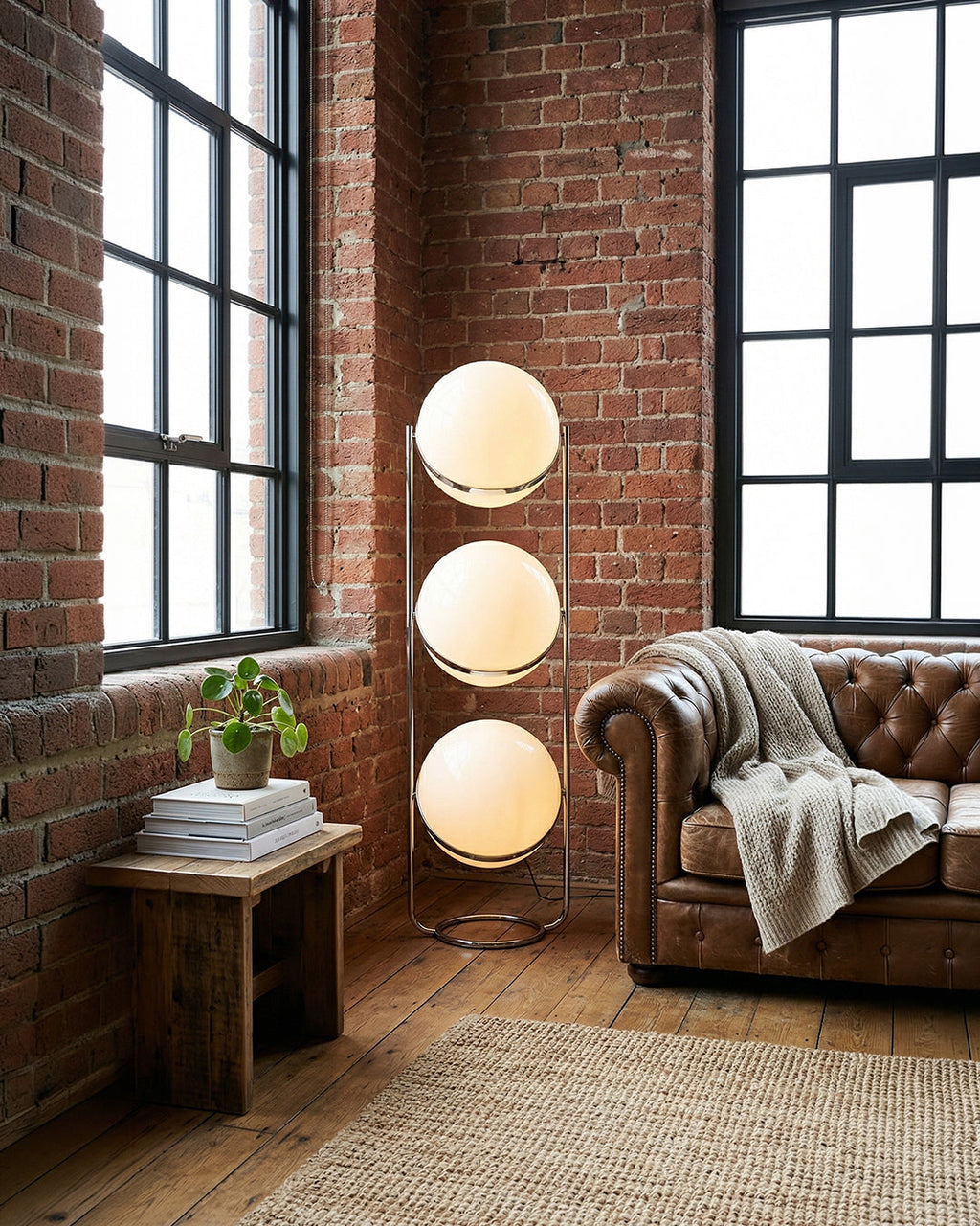 Lampadaire à trois globes dans un salon lumineux