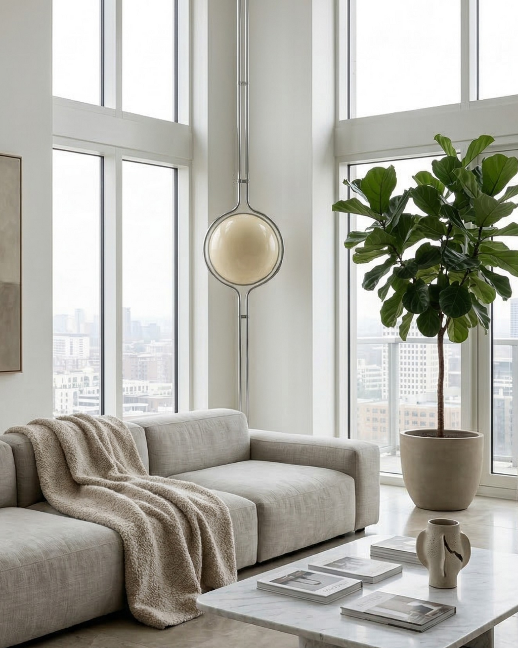 Lampadaire boule en chrome près d'une grande baie vitrée