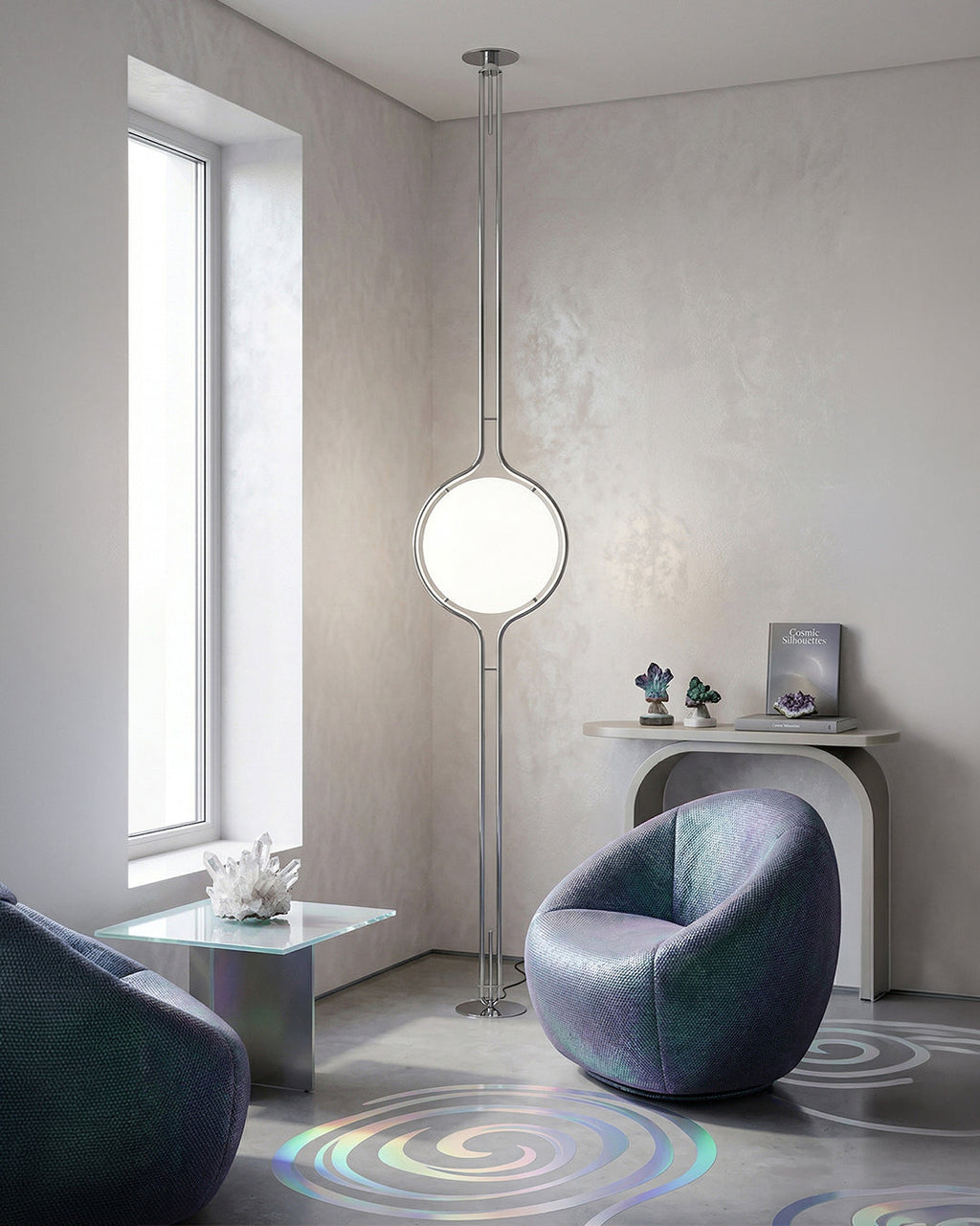 Lampadaire boule tension sol plafond dans un salon épuré
