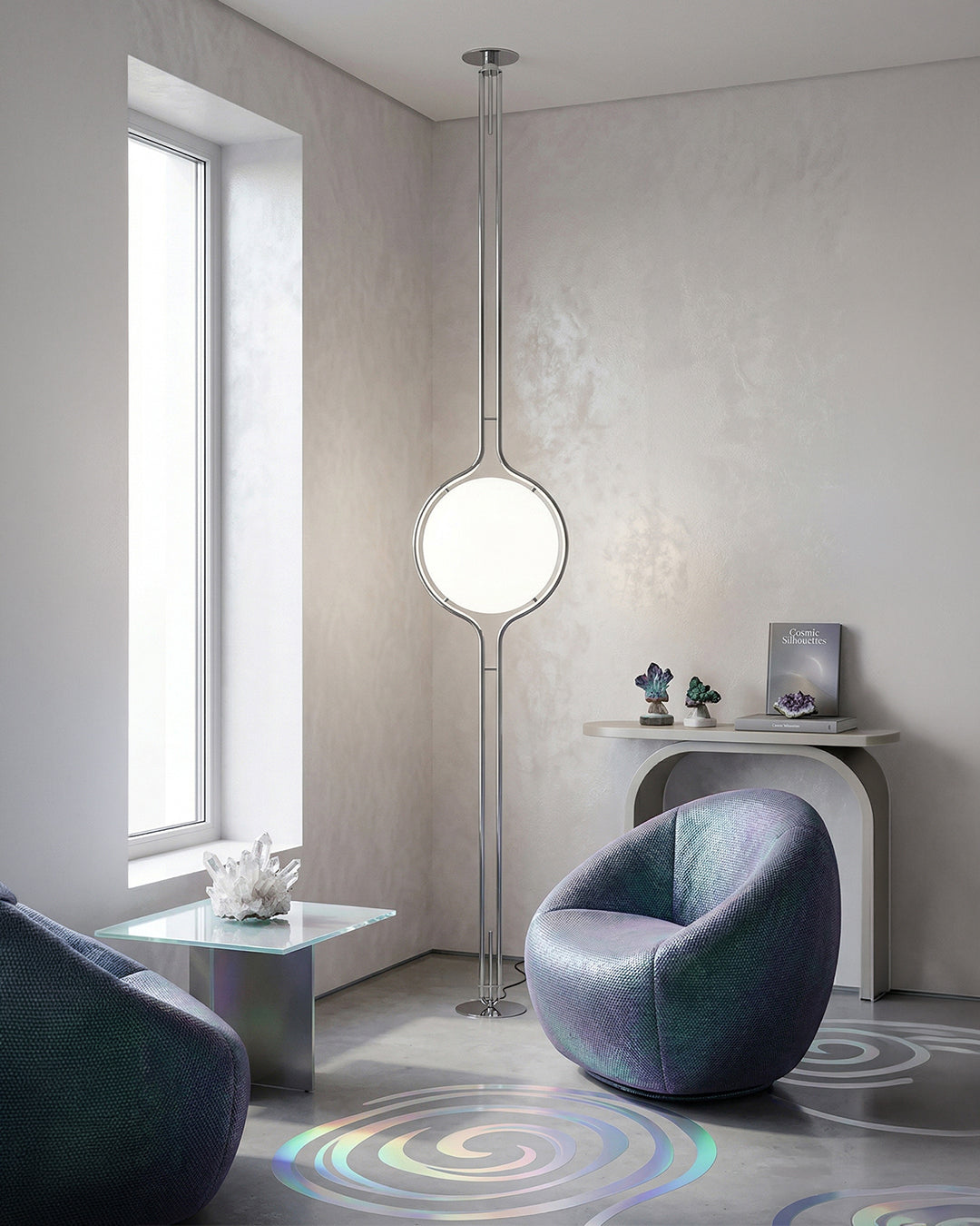 Lampadaire boule tension sol plafond dans un salon épuré