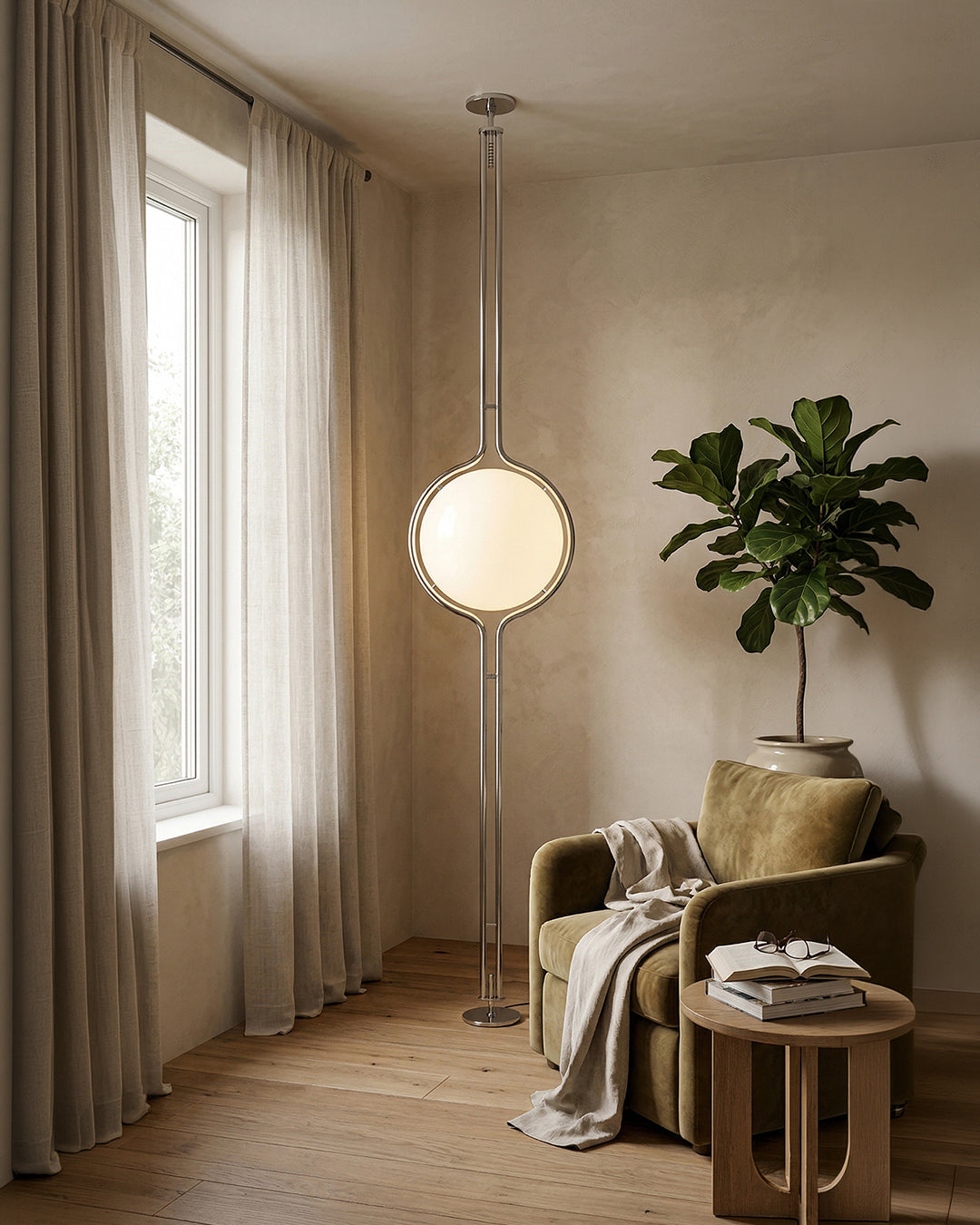 Lampadaire boule tension sol plafond dans un salon beige